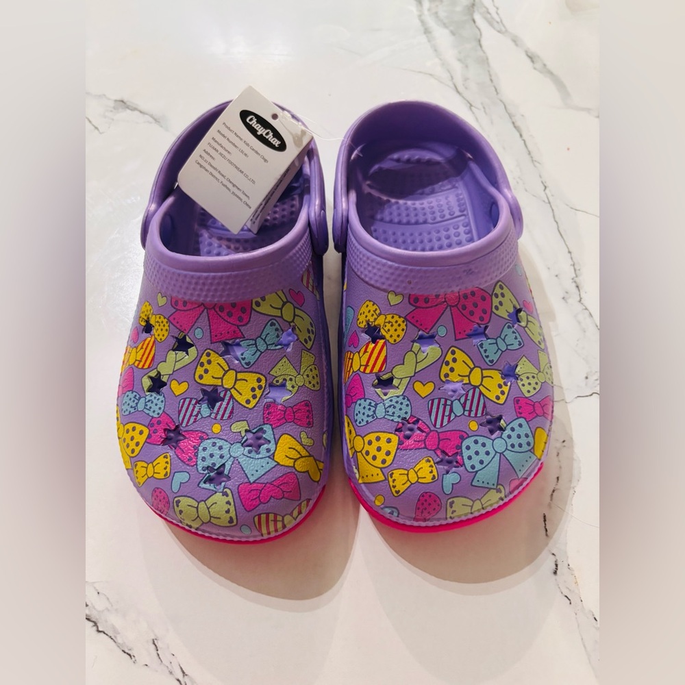 Brand New Kids size 13/1 Purple Garden Clogs with Colorful Bow Design